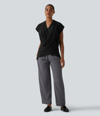 V Neck Wrapped Sleeveless Linen-Feel Work Blouse — Black — view 6