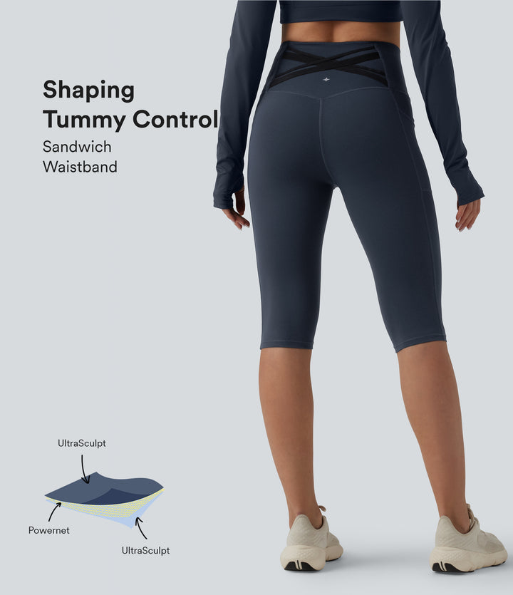 High Waisted Tummy Control Crossover Back Pedal Pusher Running Leggings with Pockets — Carbon — view 1