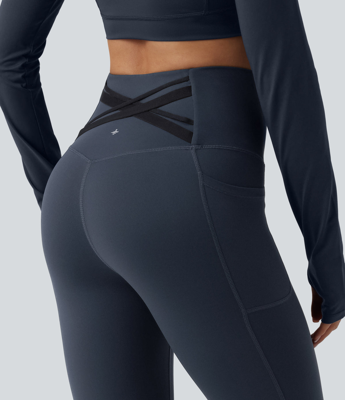 High Waisted Tummy Control Crossover Back Pedal Pusher Running Leggings with Pockets — Carbon — view 4