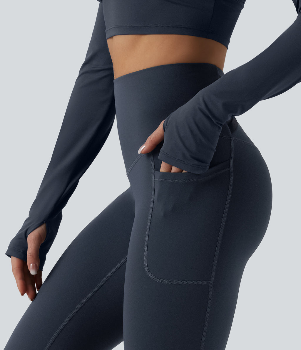 High Waisted Tummy Control Crossover Back Pedal Pusher Running Leggings with Pockets — Carbon — view 5