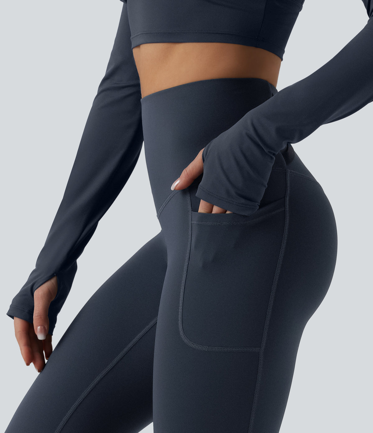 High Waisted Tummy Control Crossover Back Pedal Pusher Running Leggings with Pockets — Carbon — view 5