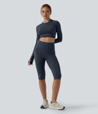 High Waisted Tummy Control Crossover Back Pedal Pusher Running Leggings with Pockets — Carbon — view 6