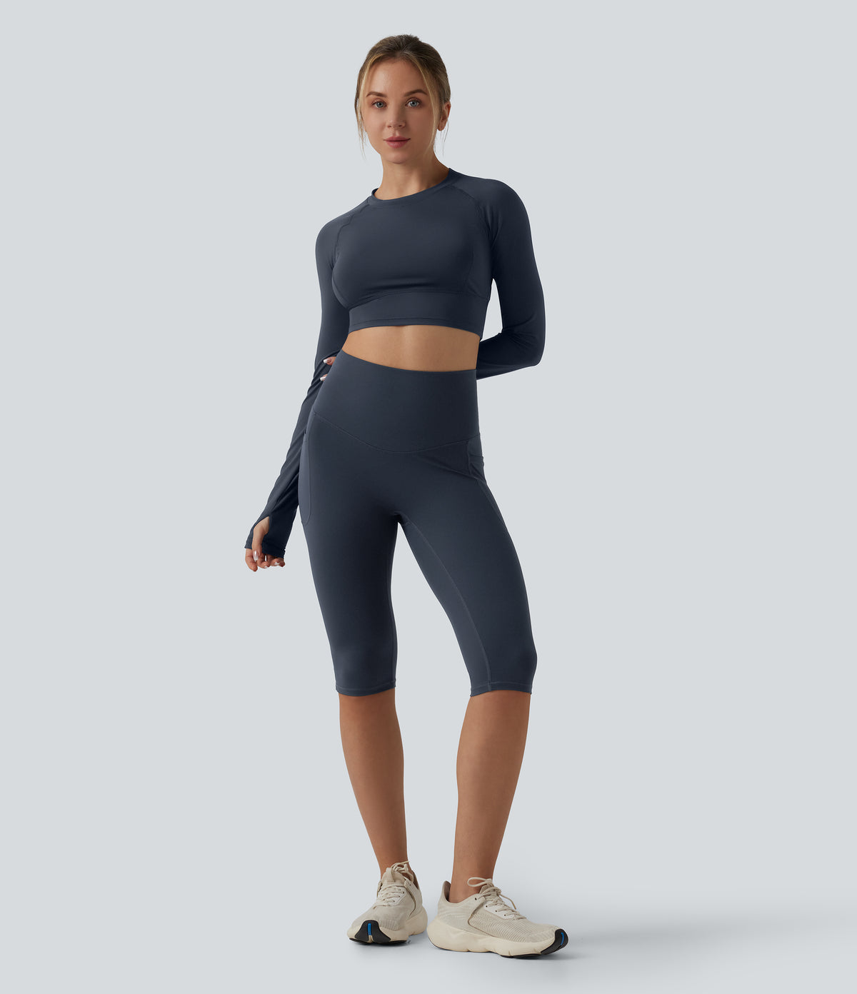High Waisted Tummy Control Crossover Back Pedal Pusher Running Leggings with Pockets — Carbon — view 6