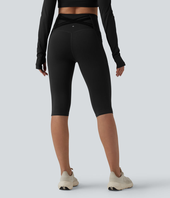 High Waisted Tummy Control Crossover Back Pedal Pusher Running Leggings with Pockets — Black — view 7