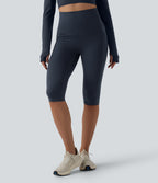 High Waisted Tummy Control Crossover Back Pedal Pusher Running Leggings with Pockets — Carbon — view 2