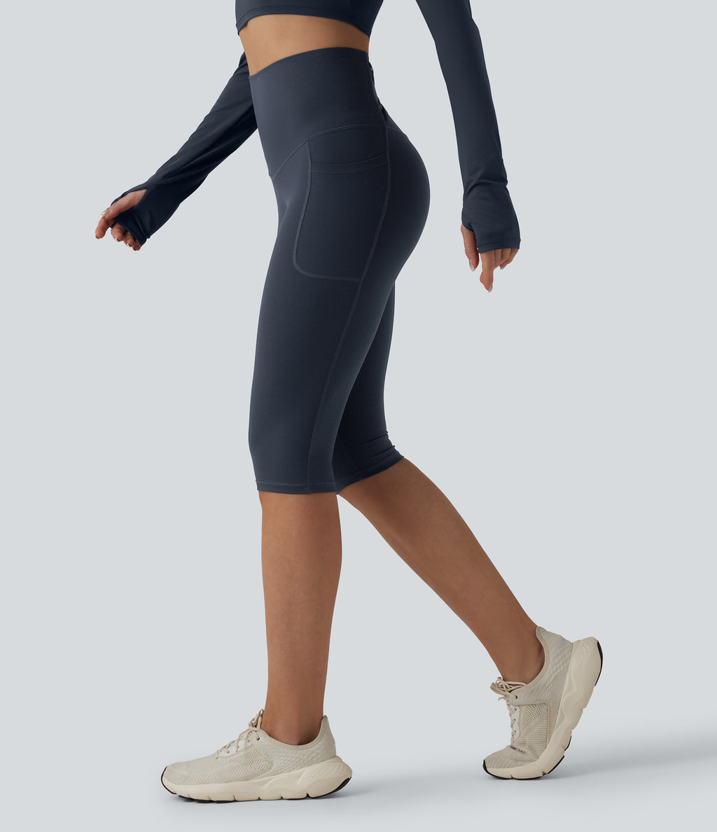 High Waisted Tummy Control Crossover Back Pedal Pusher Running Leggings with Pockets — Carbon — view 3