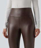 High Waisted Tummy Control Stretchy PU Fleece Flare Casual Trousers with Pockets — Hot Fudge — view 5