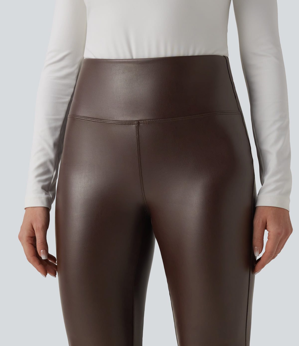 High Waisted Tummy Control Stretchy PU Fleece Flare Casual Trousers with Pockets — Hot Fudge — view 5