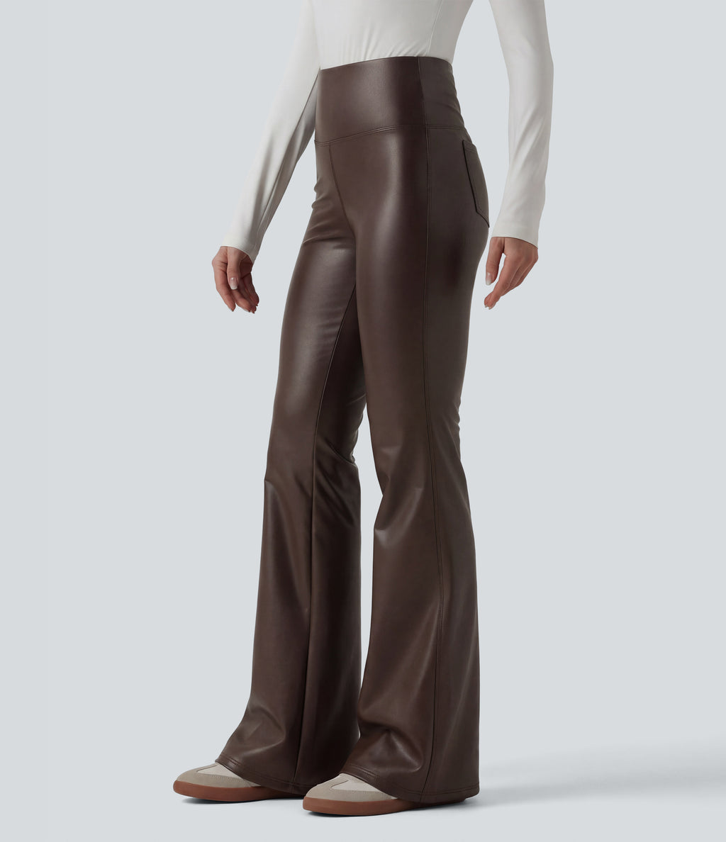 High Waisted Tummy Control Stretchy PU Fleece Flare Casual Trousers with Pockets — Hot Fudge — view 3