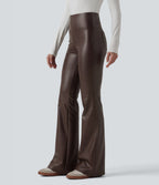 High Waisted Tummy Control Stretchy PU Fleece Flare Casual Trousers with Pockets — Hot Fudge — view 3
