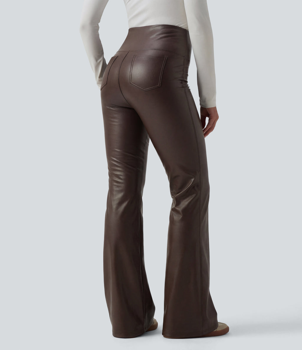 High Waisted Tummy Control Stretchy PU Fleece Flare Casual Trousers with Pockets — Hot Fudge — view 2