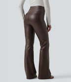 High Waisted Tummy Control Stretchy PU Fleece Flare Casual Trousers with Pockets — Hot Fudge — view 2