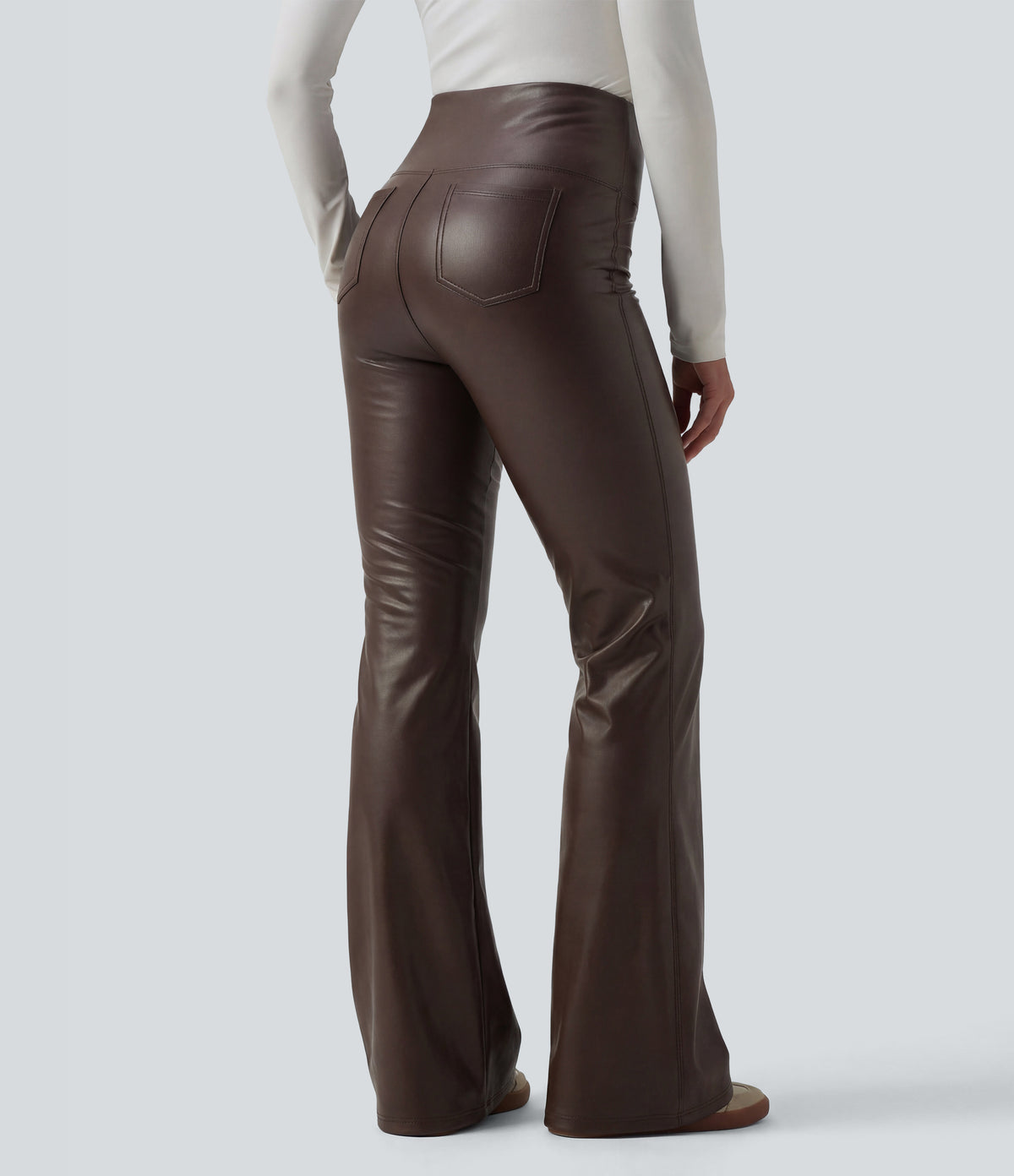 High Waisted Tummy Control Stretchy PU Fleece Flare Casual Trousers with Pockets — Hot Fudge — view 2