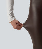 High Waisted Tummy Control Stretchy PU Fleece Flare Casual Trousers with Pockets — Hot Fudge — view 4