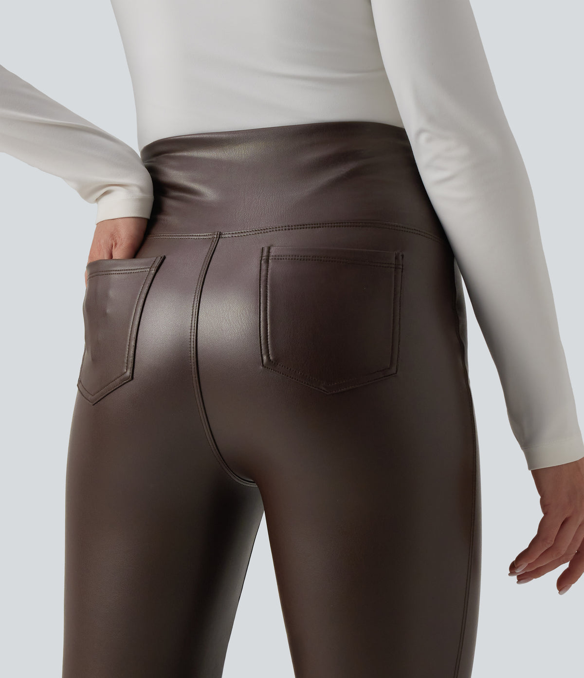 High Waisted Tummy Control Stretchy PU Fleece Flare Casual Trousers with Pockets — Hot Fudge — view 6