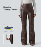 High Waisted Tummy Control Stretchy PU Fleece Flare Casual Trousers with Pockets — Hot Fudge — view 1
