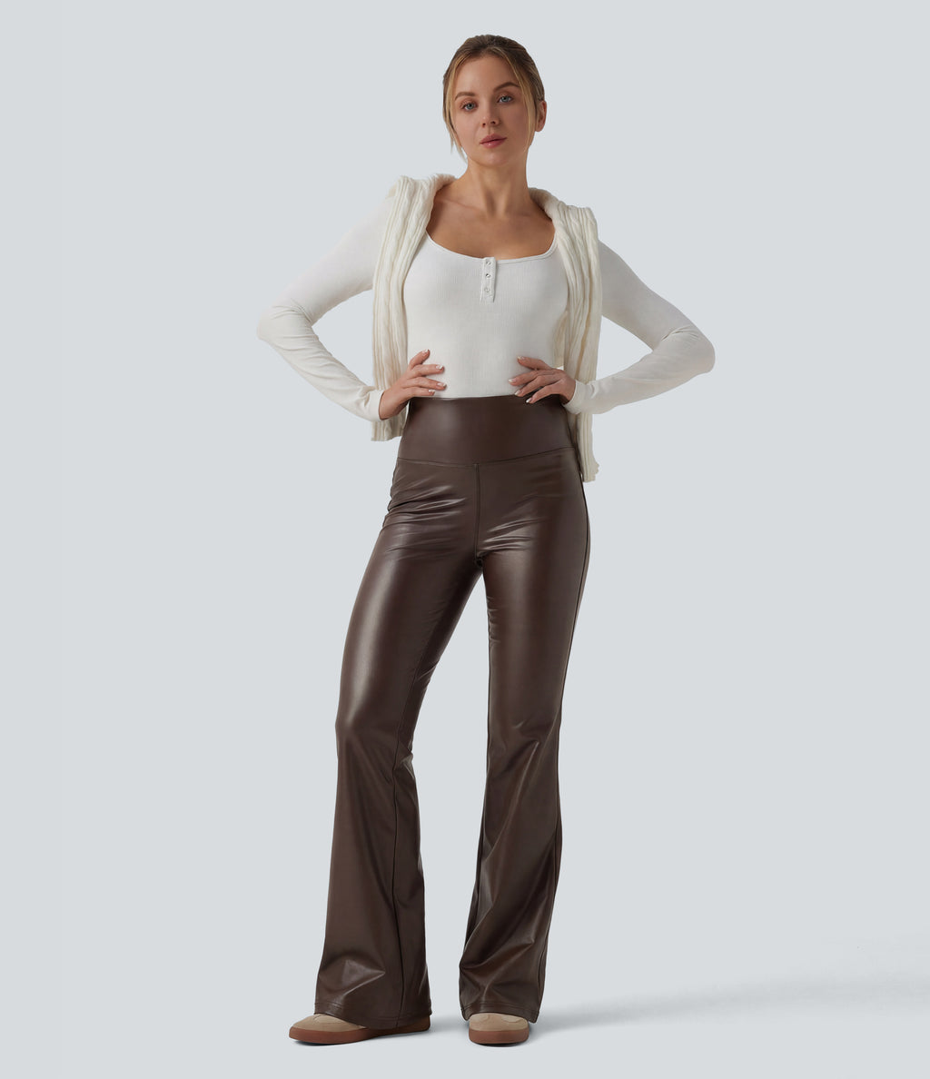 High Waisted Tummy Control Stretchy PU Fleece Flare Casual Trousers with Pockets — Hot Fudge — view 7