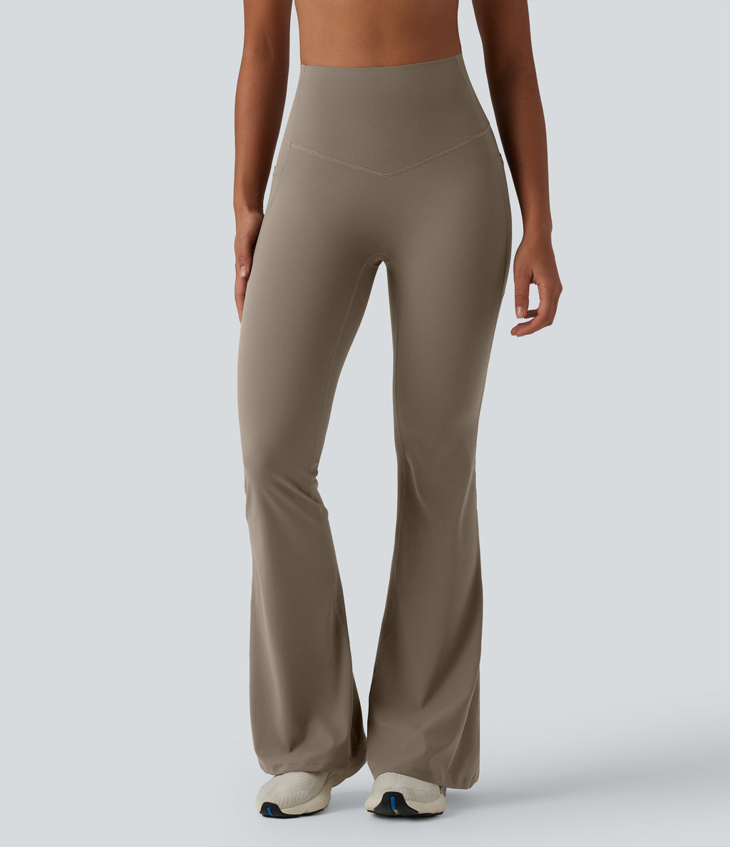 High Waisted Tummy Control Flare Yoga Leggings with Pockets — Dawn Brown — view 8