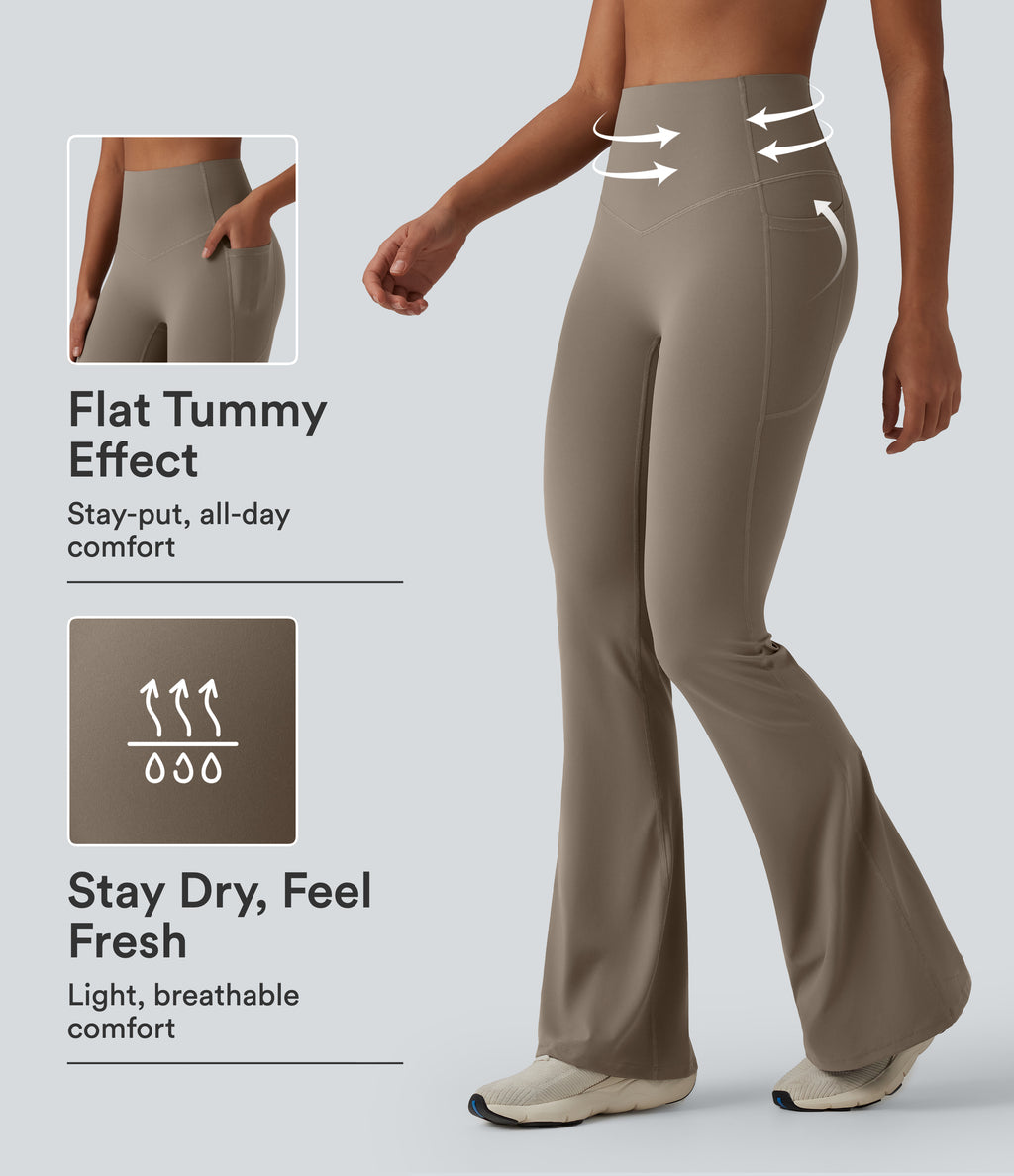 High Waisted Tummy Control Flare Yoga Leggings with Pockets — Dawn Brown — view 1