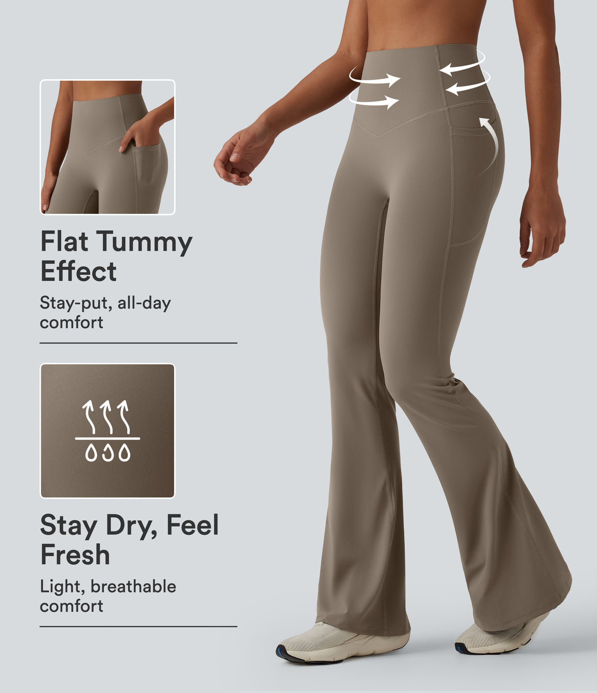 High Waisted Tummy Control Flare Yoga Leggings with Pockets — Dawn Brown — view 1