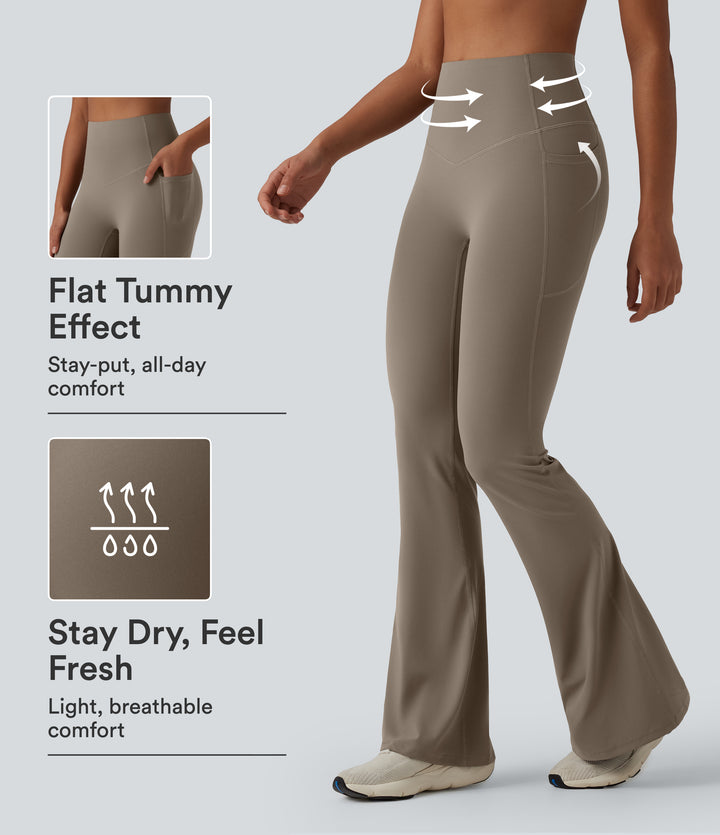 High Waisted Tummy Control Flare Yoga Leggings with Pockets — Dawn Brown — view 1