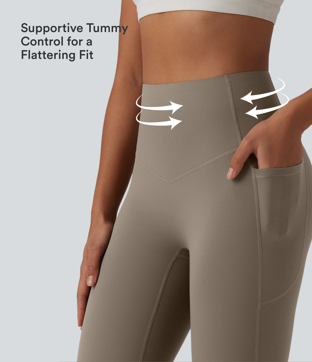 High Waisted Tummy Control Flare Yoga Leggings with Pockets — Dawn Brown — view 2