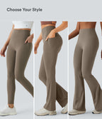 High Waisted Tummy Control Flare Yoga Leggings with Pockets — Dawn Brown — view 3