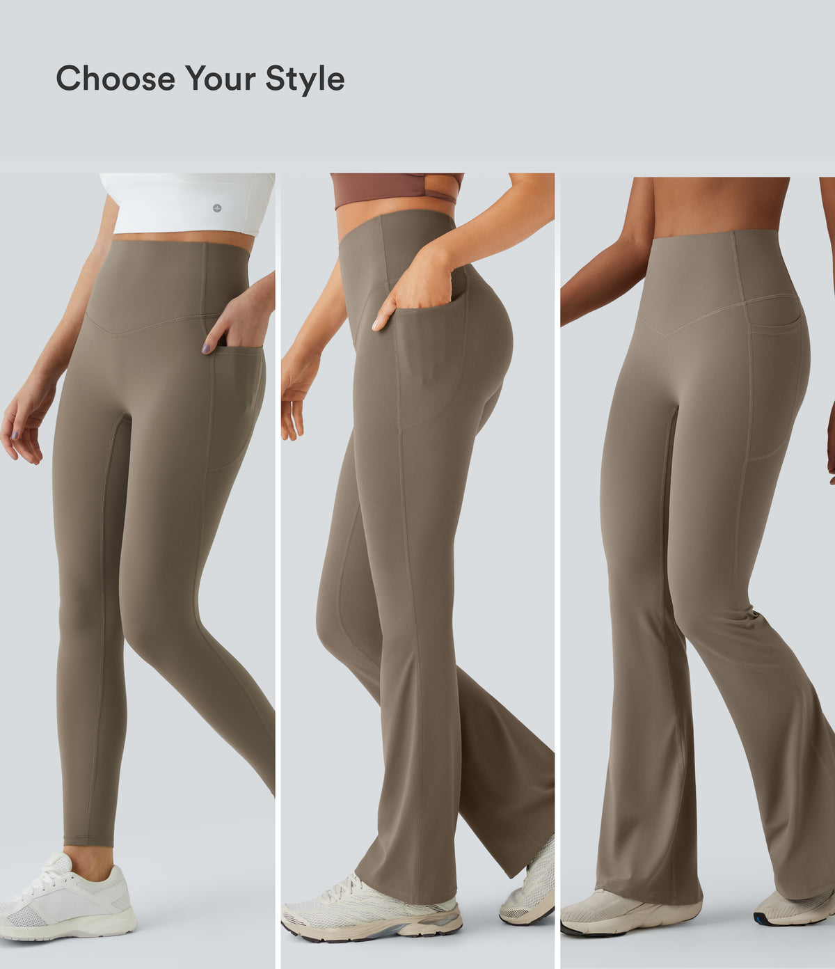 High Waisted Tummy Control Flare Yoga Leggings with Pockets — Dawn Brown — view 3