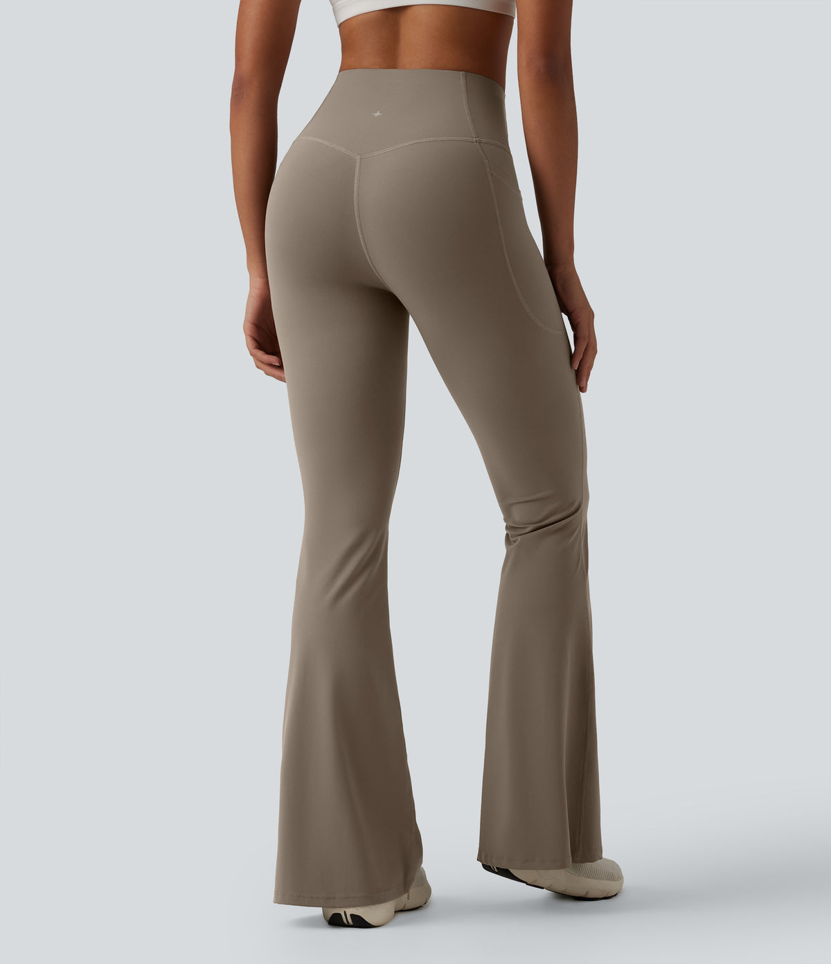 High Waisted Tummy Control Flare Yoga Leggings with Pockets — Dawn Brown — view 7