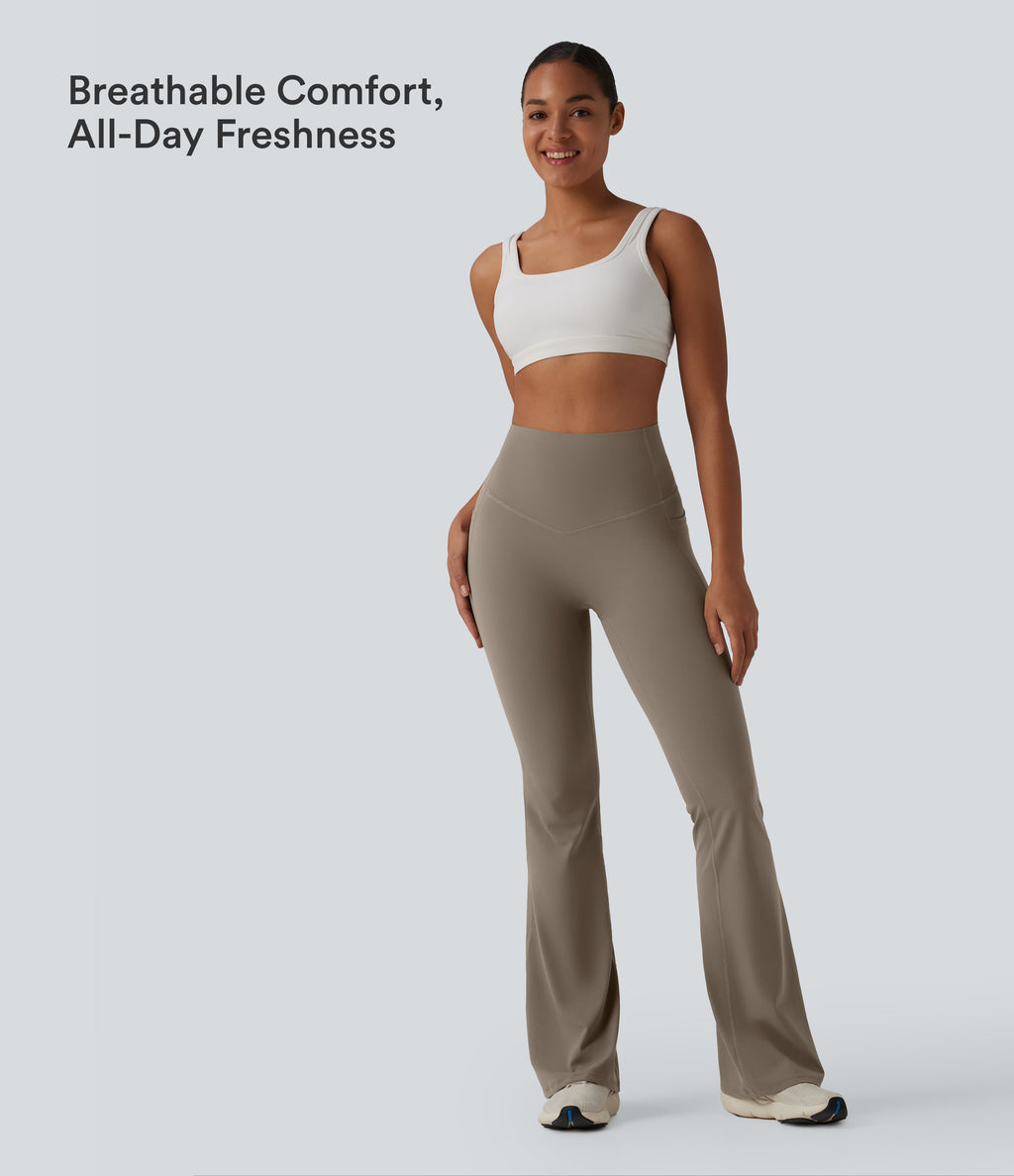 High Waisted Tummy Control Flare Yoga Leggings with Pockets — Dawn Brown — view 6