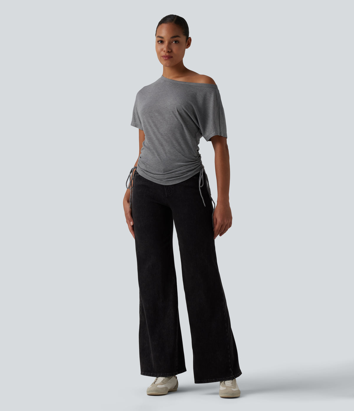 One Shoulder Short Sleeve Drawstring Casual Wool-Blend T-Shirt — Ashen Gray — view 6