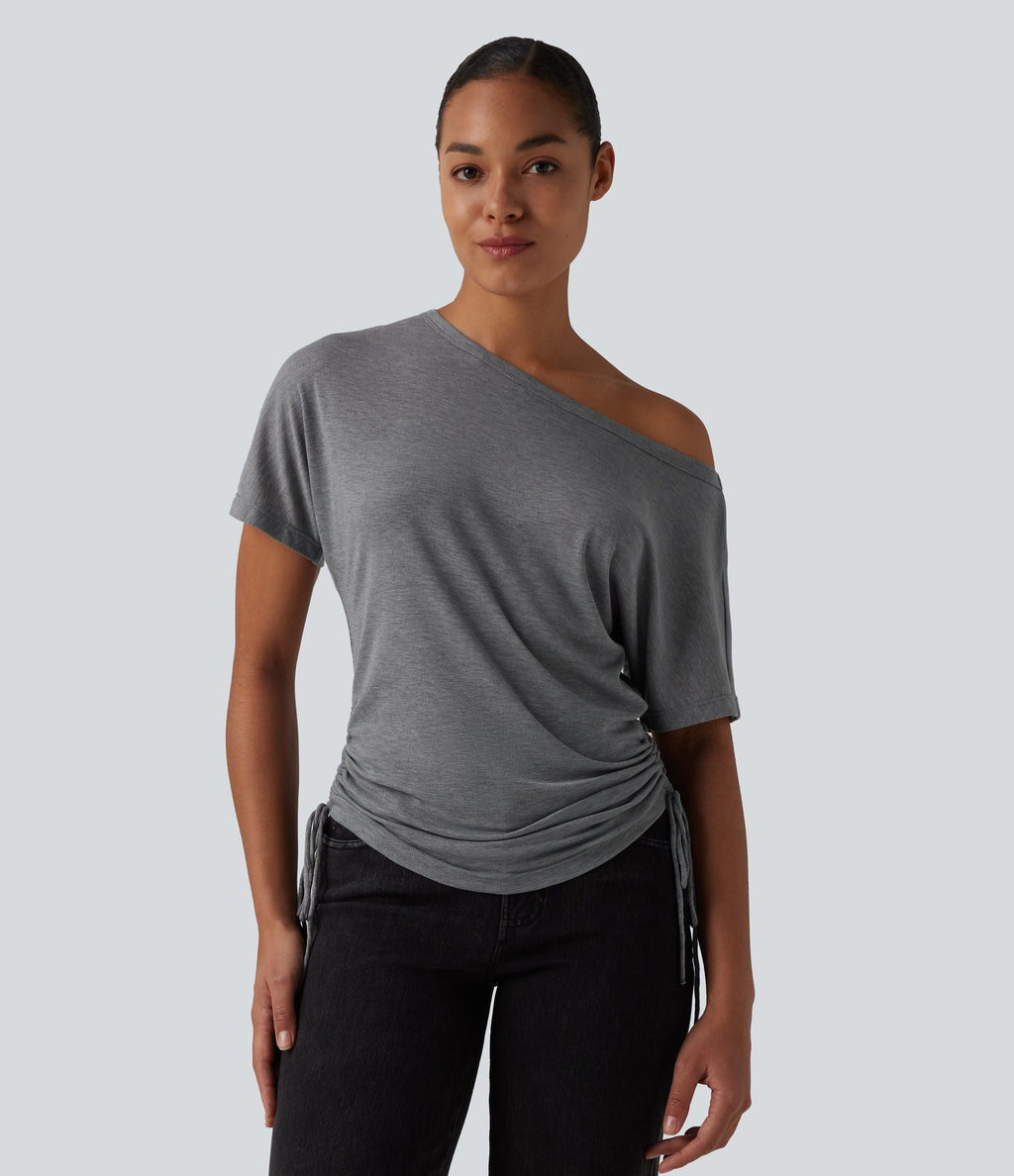 One Shoulder Short Sleeve Drawstring Casual Wool-Blend T-Shirt — Ashen Gray — view 1