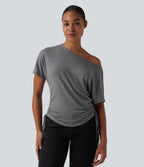 One Shoulder Short Sleeve Drawstring Casual Wool-Blend T-Shirt — Ashen Gray — view 1