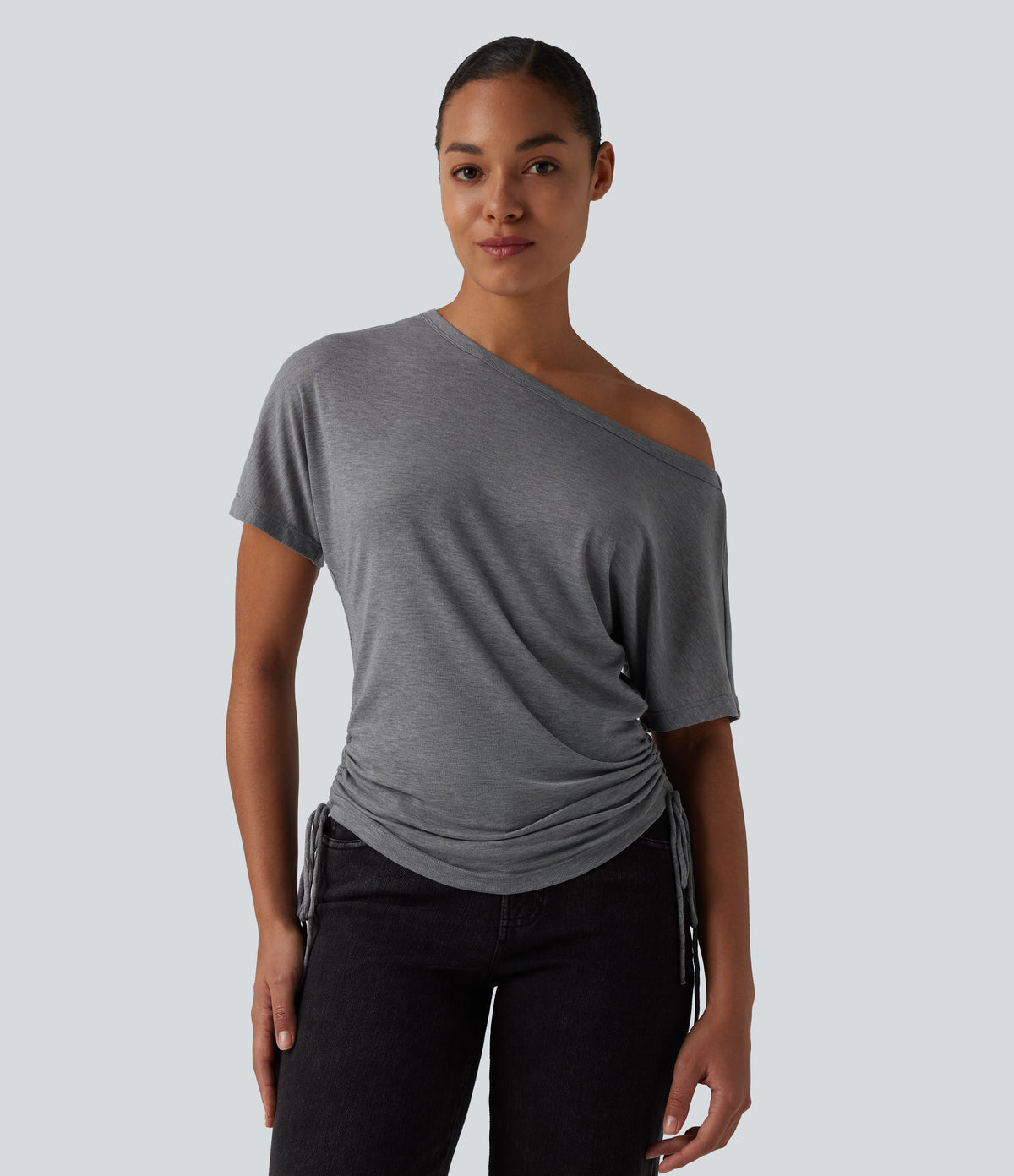 One Shoulder Short Sleeve Drawstring Casual Wool-Blend T-Shirt — Ashen Gray — view 1