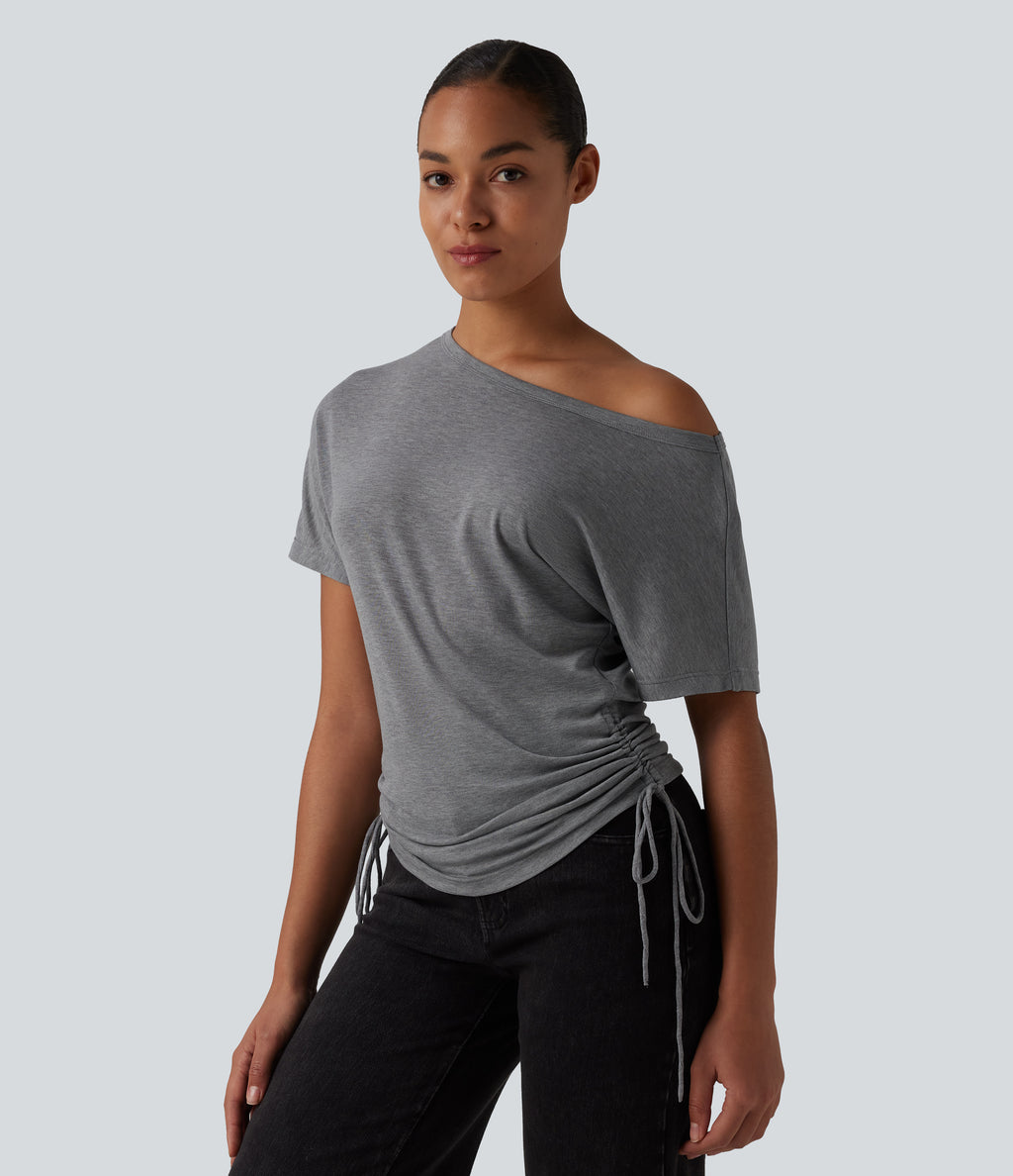 One Shoulder Short Sleeve Drawstring Casual Wool-Blend T-Shirt — Ashen Gray — view 3