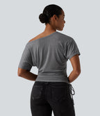 One Shoulder Short Sleeve Drawstring Casual Wool-Blend T-Shirt — Ashen Gray — view 2