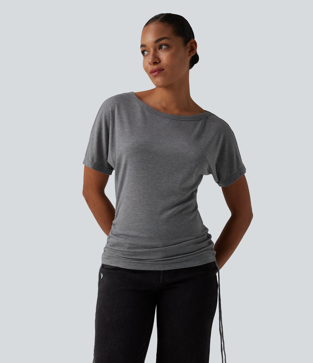 One Shoulder Short Sleeve Drawstring Casual Wool-Blend T-Shirt — Ashen Gray — view 5