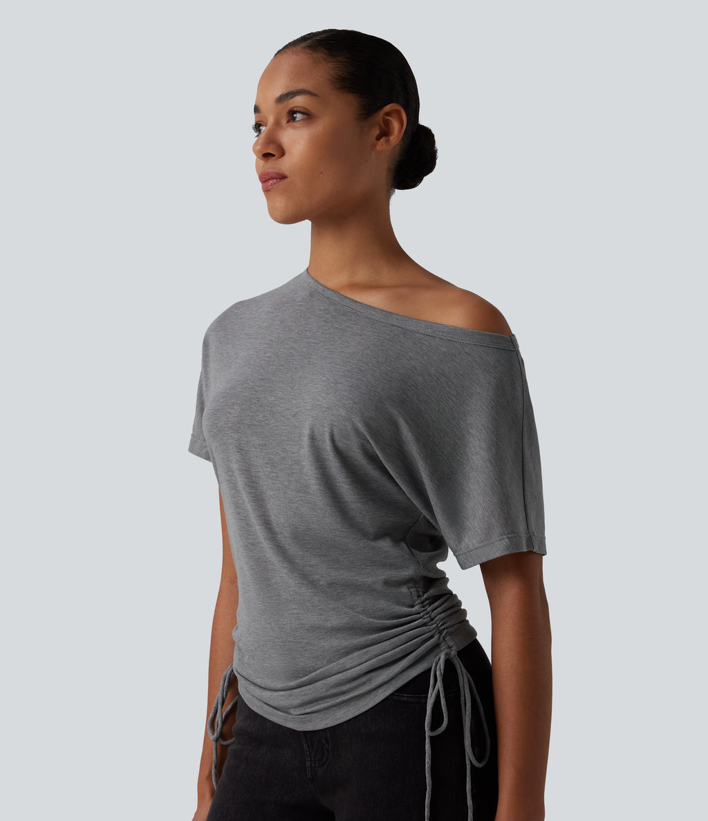 One Shoulder Short Sleeve Drawstring Casual Wool-Blend T-Shirt — Ashen Gray — view 4