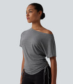 One Shoulder Short Sleeve Drawstring Casual Wool-Blend T-Shirt — Ashen Gray — view 4