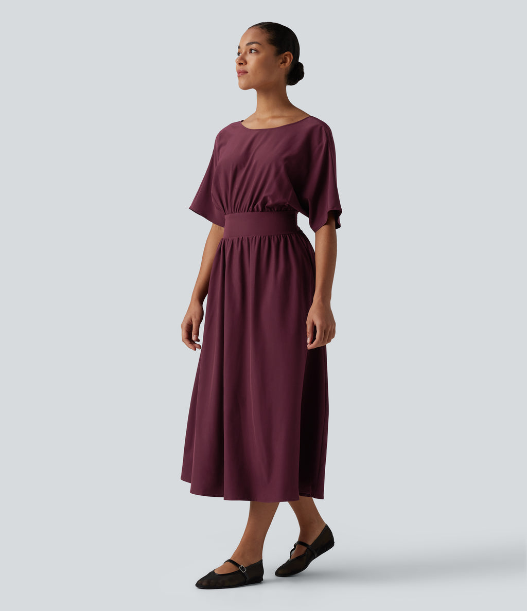 Round Neck Short Sleeve Tie Back Midi Casual Dress with Pockets — Maroon Banner — view 3