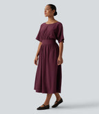 Round Neck Short Sleeve Tie Back Midi Casual Dress with Pockets — Maroon Banner — view 3