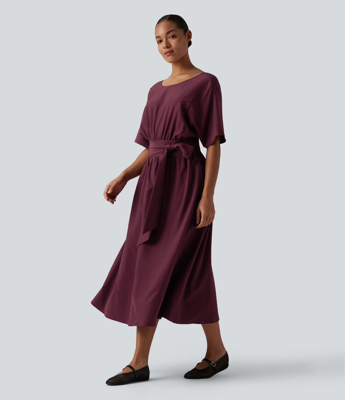 Round Neck Short Sleeve Tie Back Midi Casual Dress with Pockets — Maroon Banner — view 6