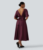 Round Neck Short Sleeve Tie Back Midi Casual Dress with Pockets — Maroon Banner — view 1
