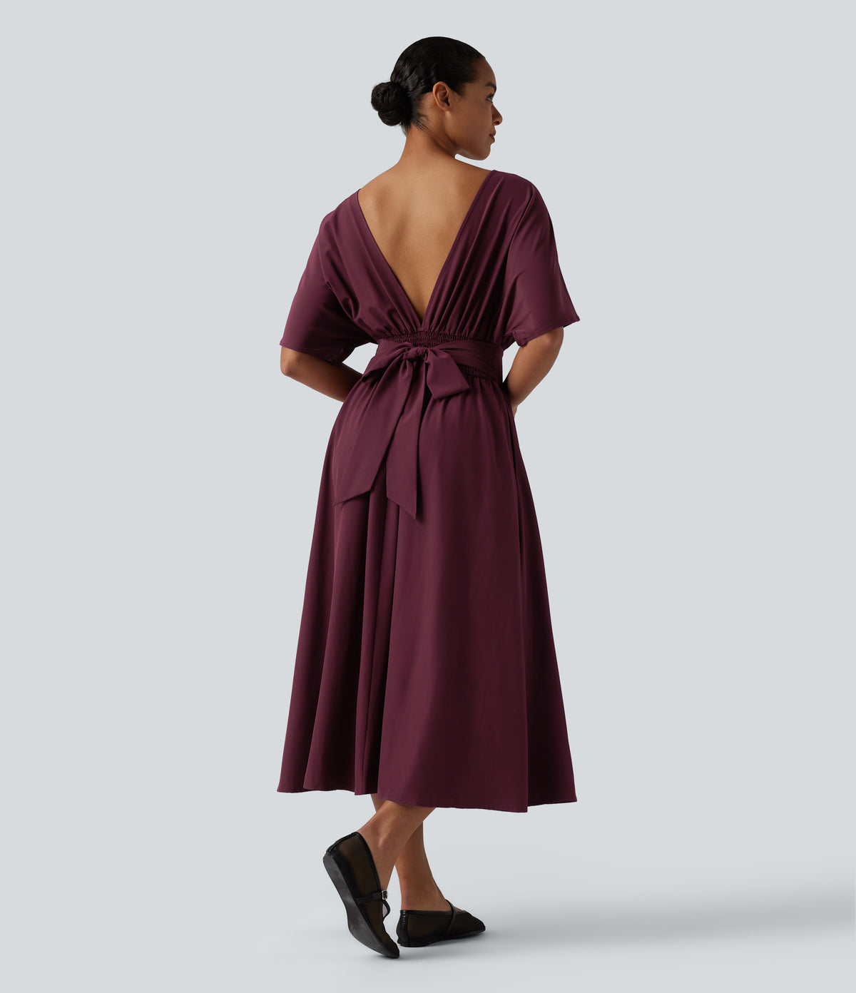 Round Neck Short Sleeve Tie Back Midi Casual Dress with Pockets — Maroon Banner — view 1