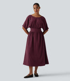 Round Neck Short Sleeve Tie Back Midi Casual Dress with Pockets — Maroon Banner — view 2