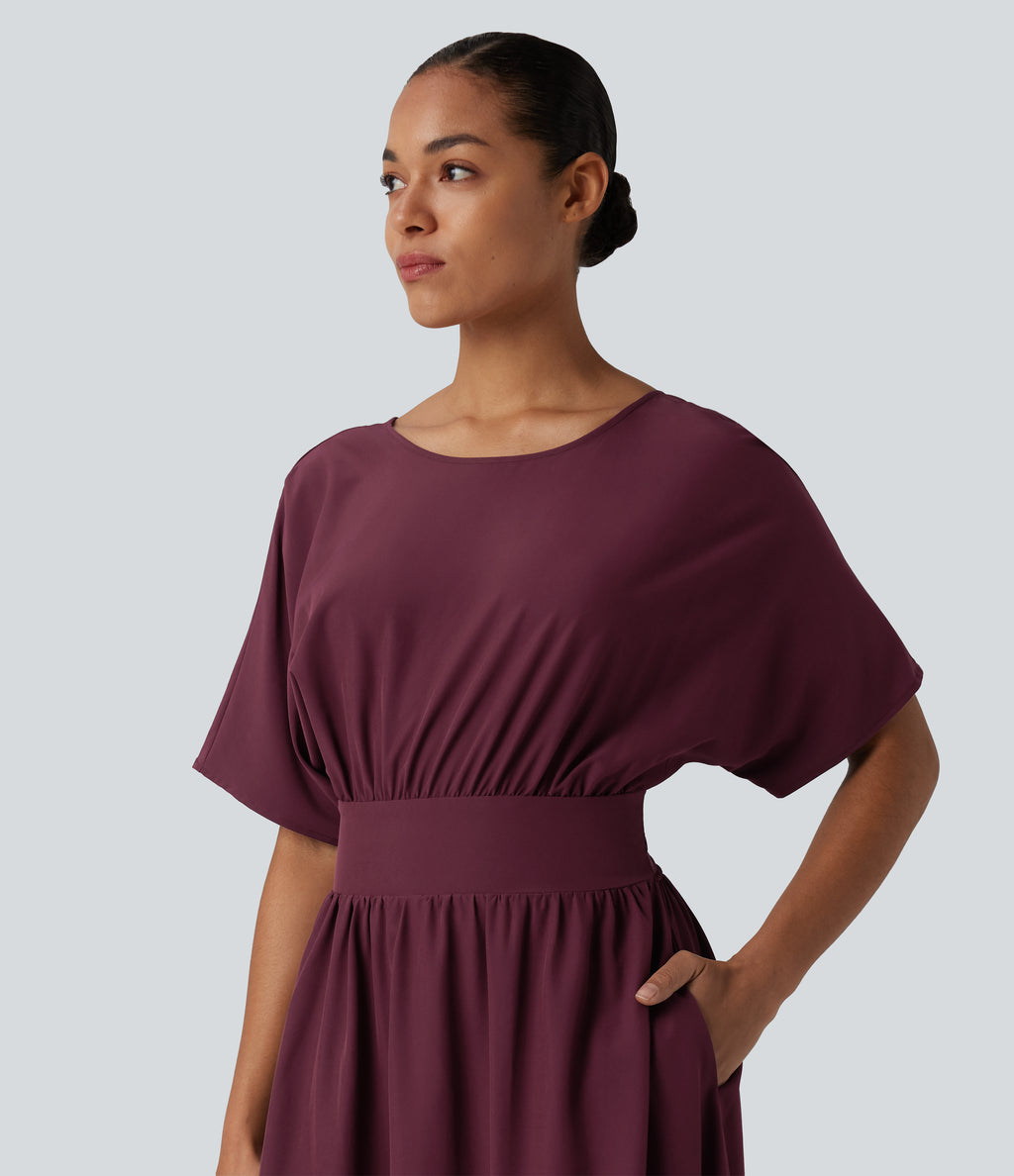 Round Neck Short Sleeve Tie Back Midi Casual Dress with Pockets — Maroon Banner — view 5