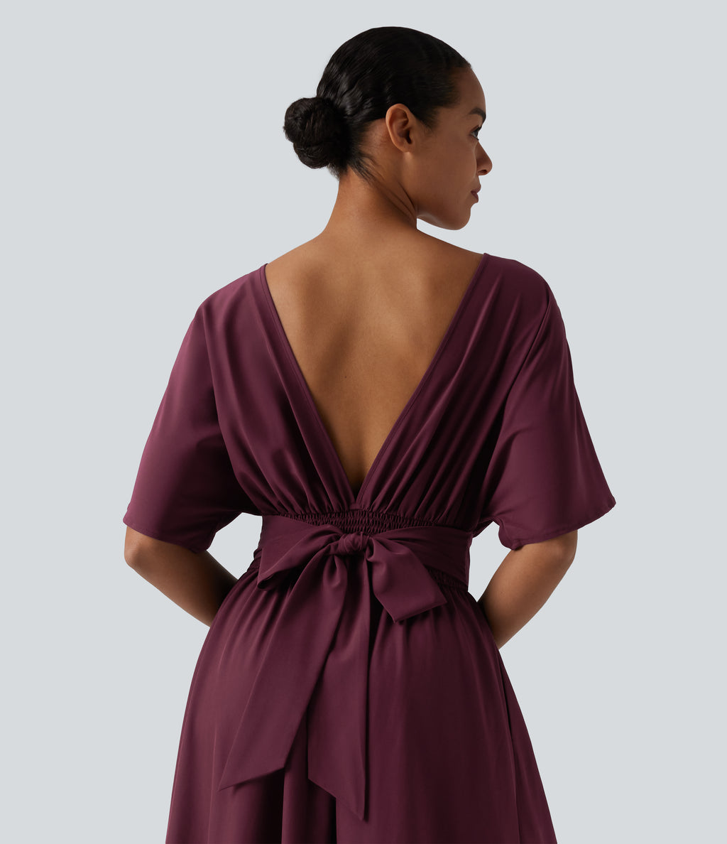 Round Neck Short Sleeve Tie Back Midi Casual Dress with Pockets — Maroon Banner — view 4