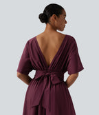 Round Neck Short Sleeve Tie Back Midi Casual Dress with Pockets — Maroon Banner — view 4