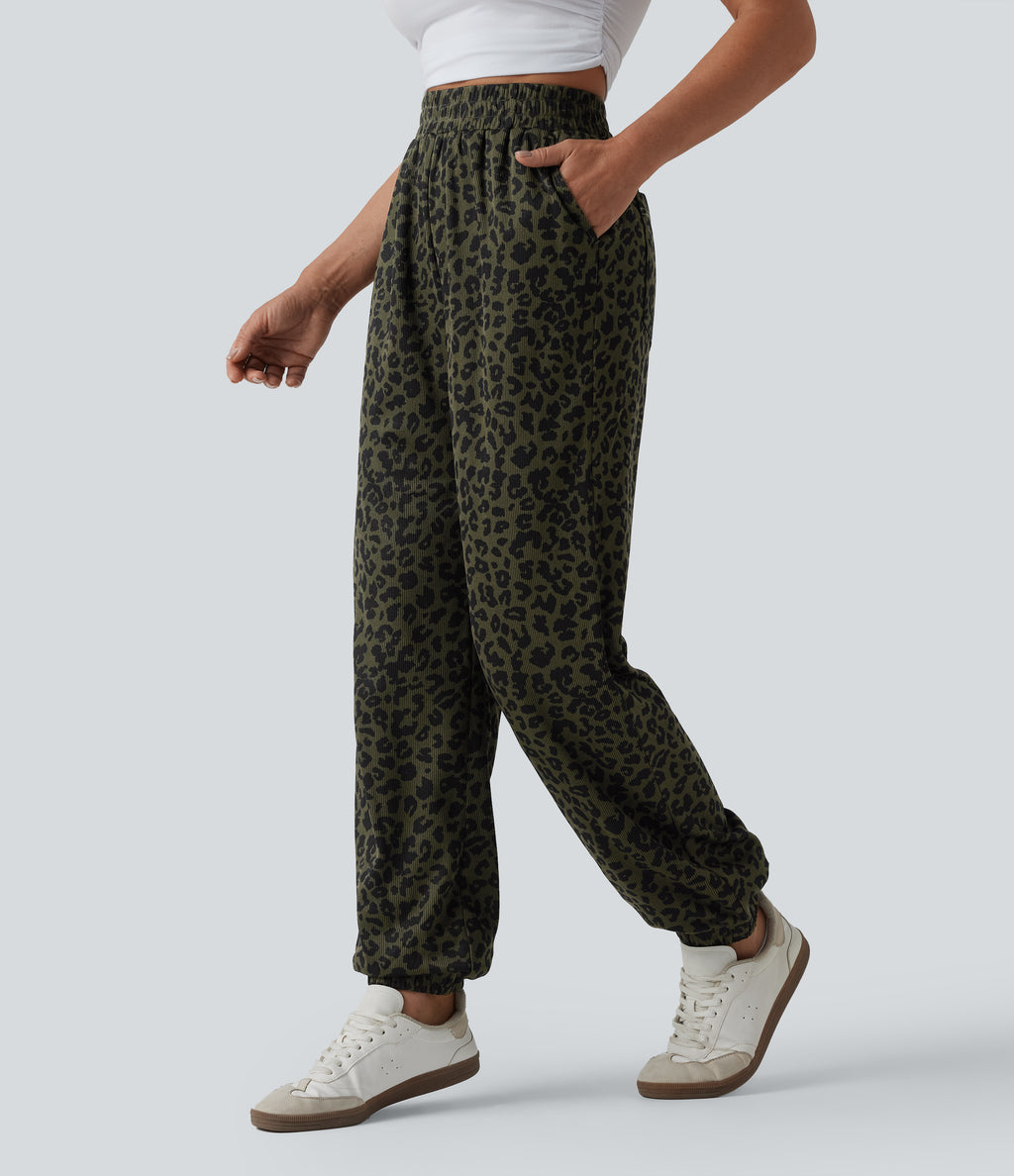 High Waisted Leopard Print Casual Joggers with Pockets — Olive Noir — view 3
