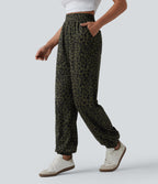 High Waisted Leopard Print Casual Joggers with Pockets — Olive Noir — view 3